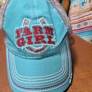 Distressed Farm Girl Turquoise and Red Ladies Cap